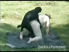 Fat lady with big tits outdoor zoo fucking with the dog